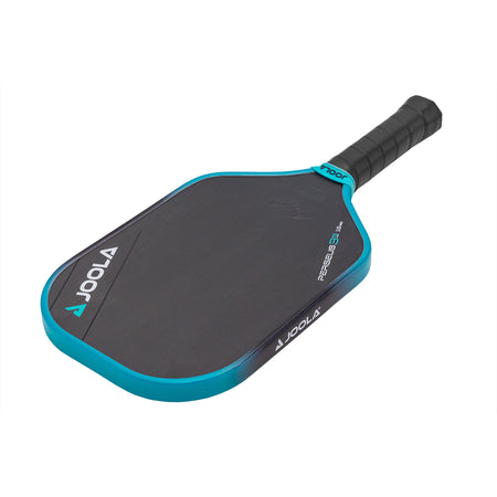 White background image, product image of the JOOLA Ben Johns 16mm Perseus 3S pickleball paddle. Black handle, black paddle face with a turquoise and black edge guard.