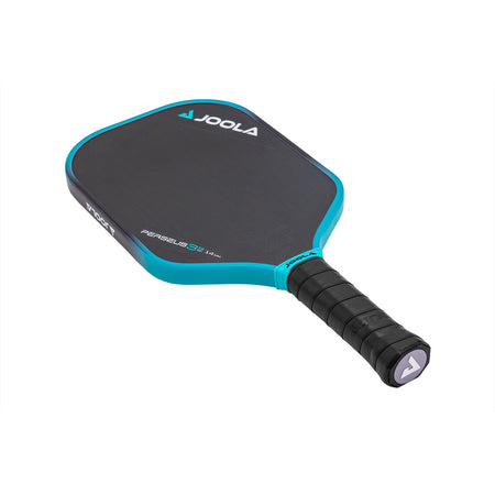 White background image, product image of the JOOLA Ben Johns 14mm Perseus 3S pickleball paddle. Black handle, black paddle face with a turquoise and black edge guard.