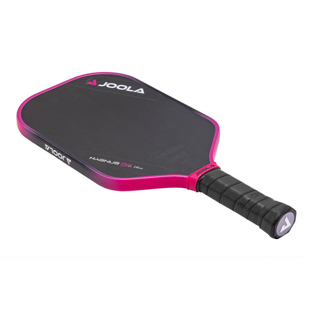 White background, product image of the JOOLA Tyson McGuffin Magnus 3S Pickleball Paddle. Black handle, black paddle face with black and pink on the edge guard.