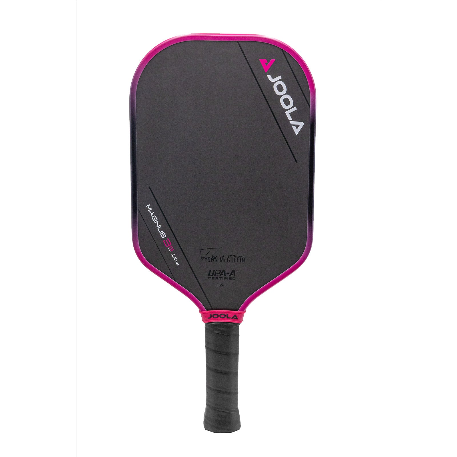 White background image, product image of the JOOLA Tyson McGuffin 14mm 3S pickleball paddle. Black paddle face with pink around the edge guard. Black paddle handle.