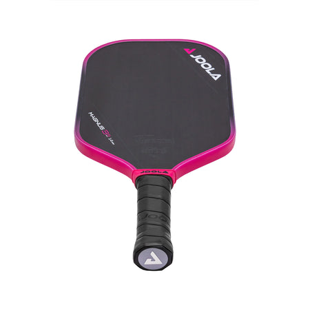 White background image, product image of the JOOLA Magnus 3S pickleball paddle laying flat showing off the JOOLA trinity logo on the paddle handle end-cap.