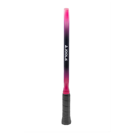 Side profile of the JOOLA Tyson McGuffin 3S Pickleball paddle. Side shot shows the pink and black edge guard with JOOLA logo.