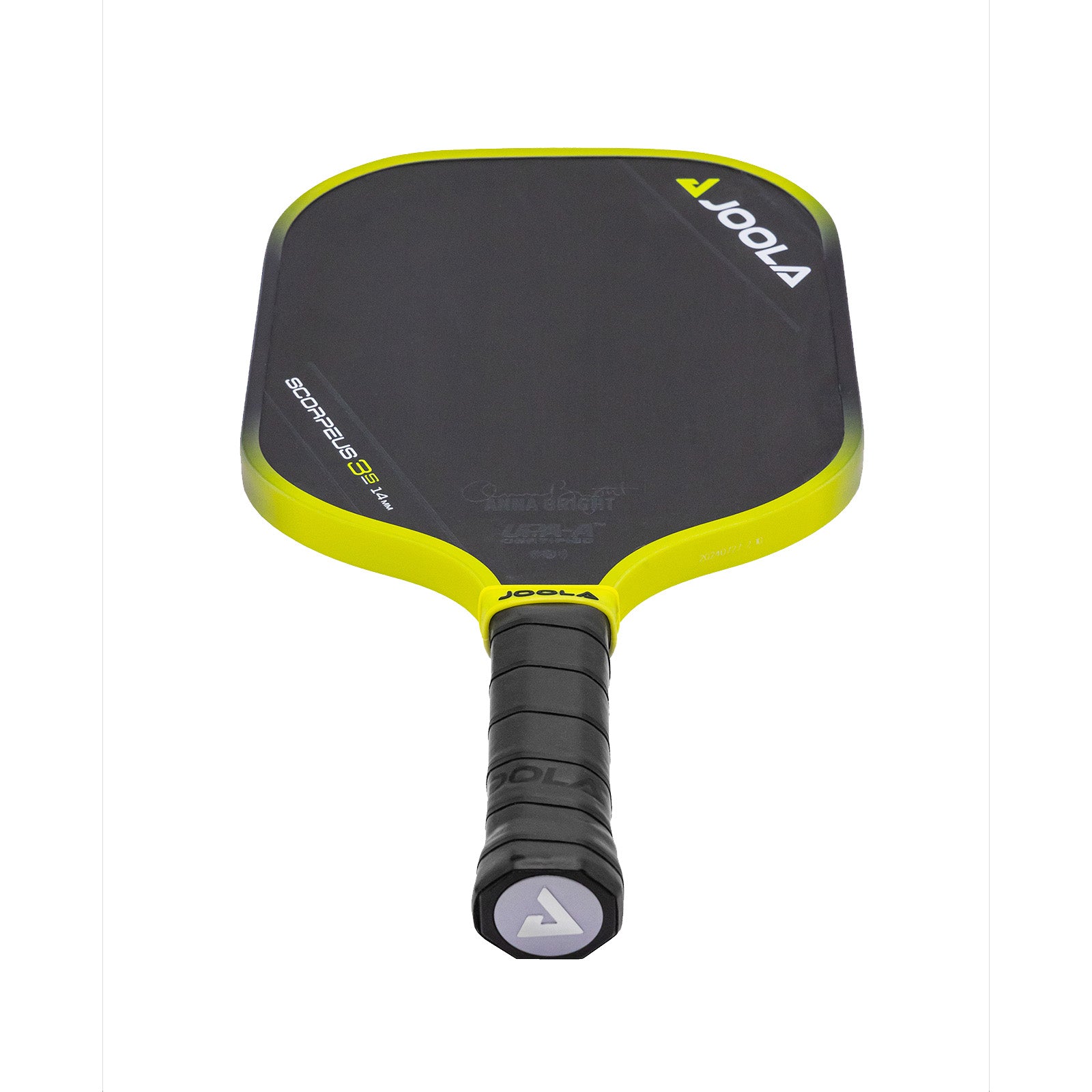 White background, product image of the JOOLA Anna Bright Scorpeus 3S pickleball paddle. Black handle, black paddle face with yellow and black edge guard. Paddle laid down so you can see the weighted end cap at the paddle handle's base.