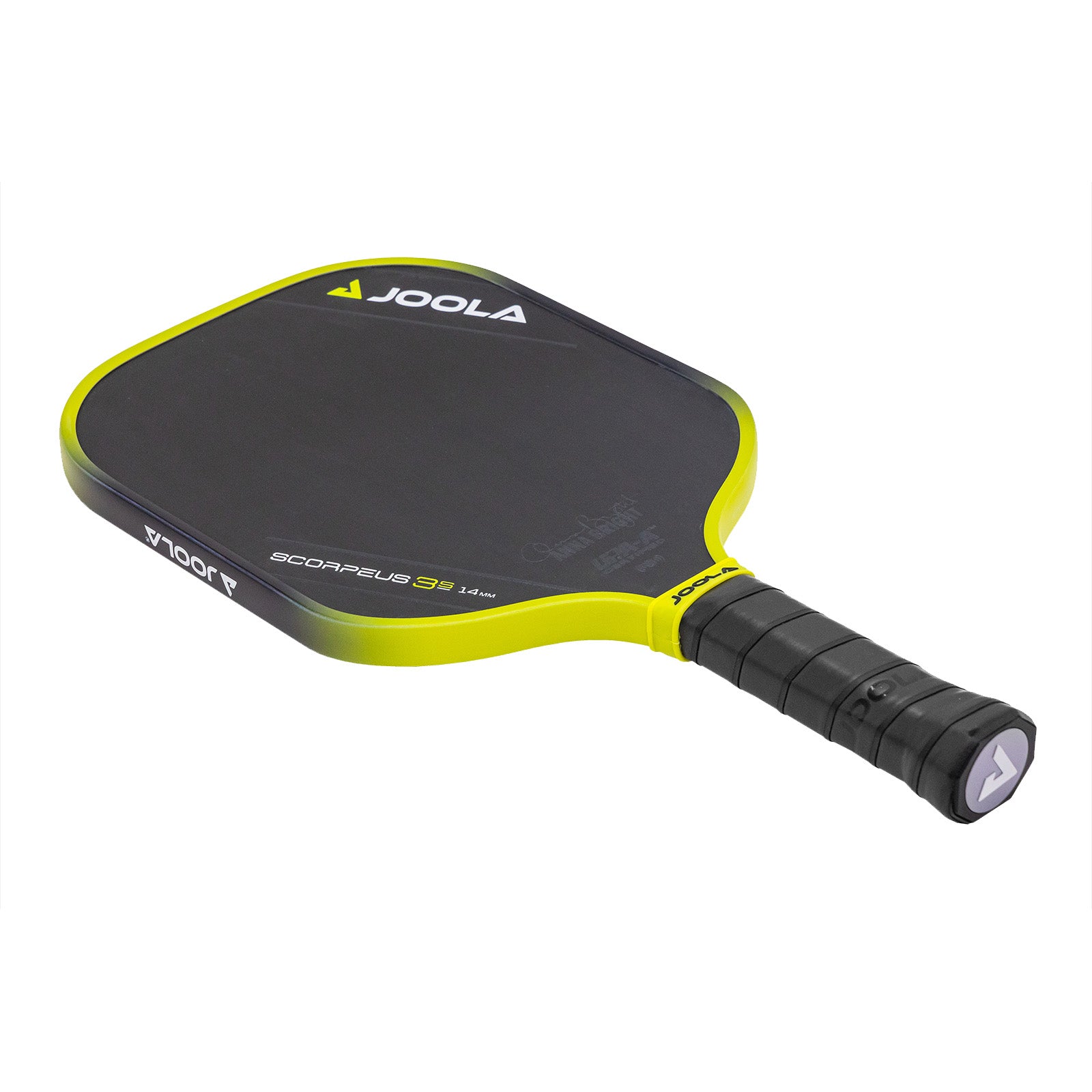 White background, product image of the JOOLA Anna Bright Scorpeus 3S pickleball paddle. Black handle, black paddle face with yellow and black edge guard.