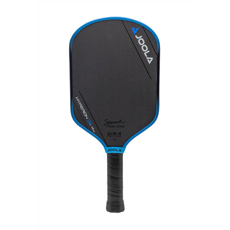 White background image, product image of the JOOLA Simone Jardim 16mm 3S pickleball paddle. Black handle. Blue around the edge guard.