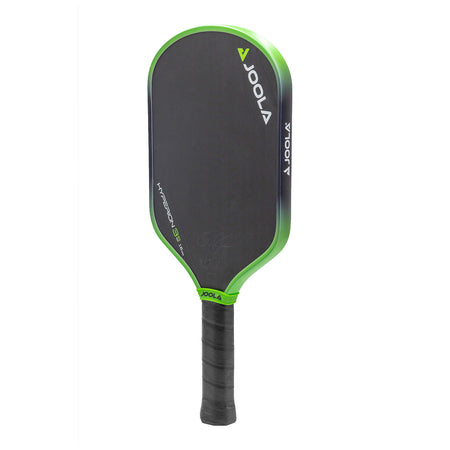 White background, product image of the JOOLA Ben Johns Hyperion 3S pickleball paddle. Black and green edge guard, black handle.