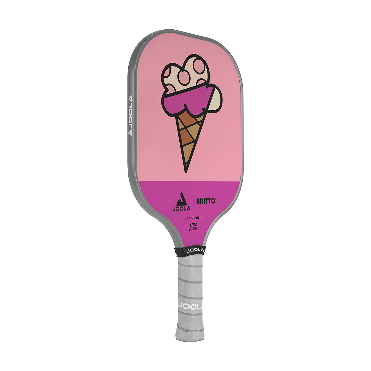 White Background Image: JOOLA x BRITTO paddle, grey handle, purple and pink paddle face with an image of an ice cream cone in the BRITTO art style.