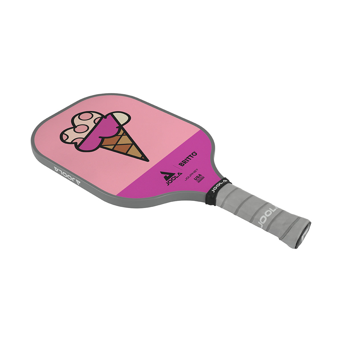 White Background Image: JOOLA x BRITTO paddle, grey handle, purple and pink paddle face with an image of an ice cream cone in the BRITTO art style.