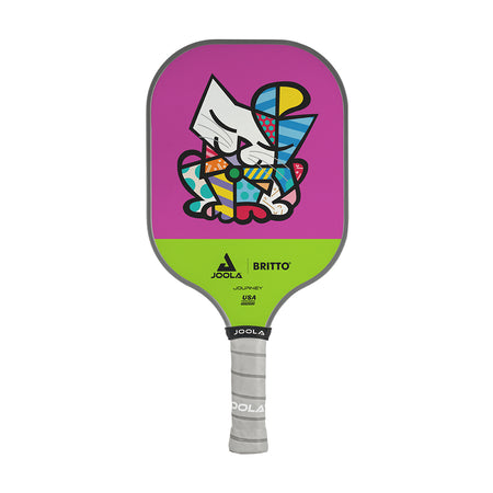 White Background Image: JOOLA x BRITTO paddle, grey handle, lime green and purple paddle face with an image of a cat in BRITTO art stye.