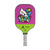 White Background Image: JOOLA x BRITTO paddle, grey handle, lime green and purple paddle face with an image of a cat in BRITTO art stye.