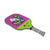 White Background Image: JOOLA x BRITTO paddle, grey handle, lime green and purple paddle face with an image of a cat in BRITTO art stye.