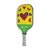 White Background Image: JOOLA x BRITTO paddle, grey handle, green and yellow paddle face with heart images.