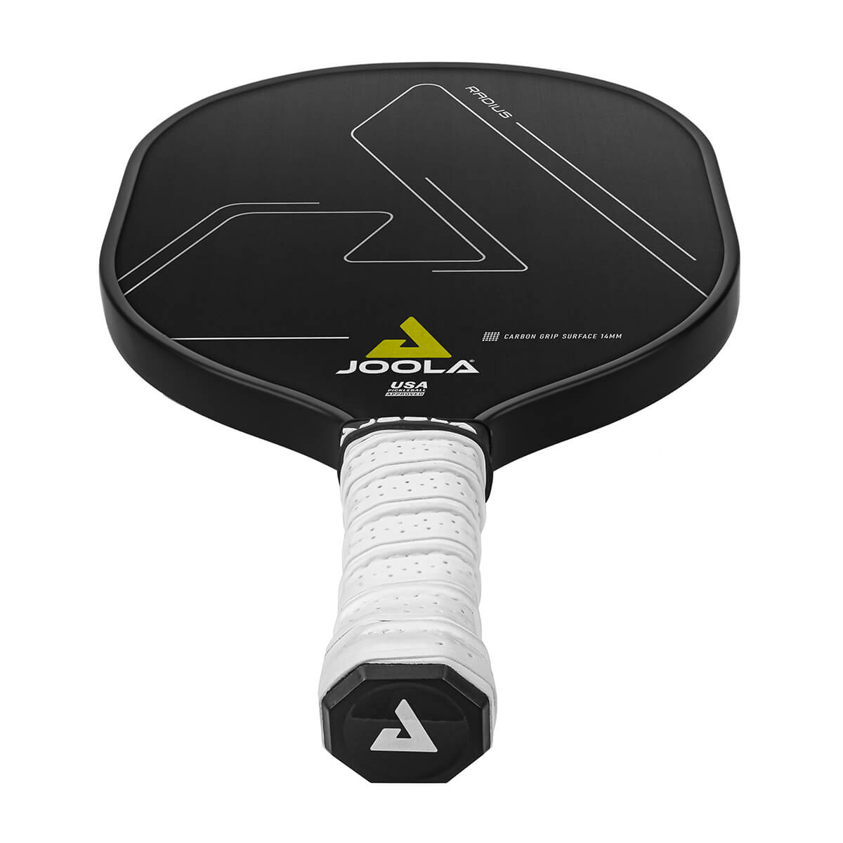 White Background Image: JOOLA Radius CGS 14 pickleball paddle, white gripped handle, black surface.