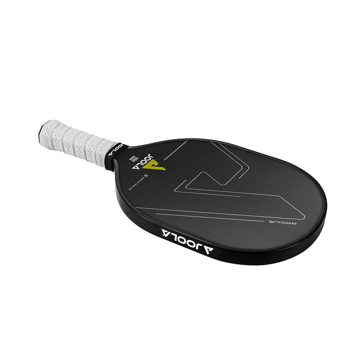 White Background Image: JOOLA Radius CGS 14 pickleball paddle, white gripped handle, black surface.