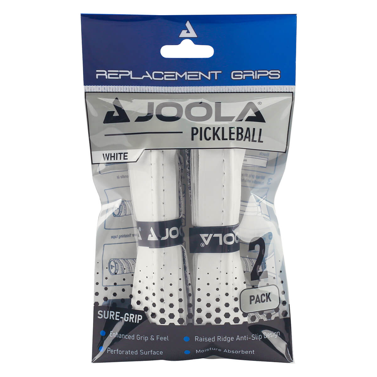 Product photo of the JOOLA Replacement White Ridge Grip (2 Pack) in its packaging