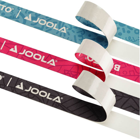 White background, product image showing all three colors of JOOLA x Britto edge guard tape.