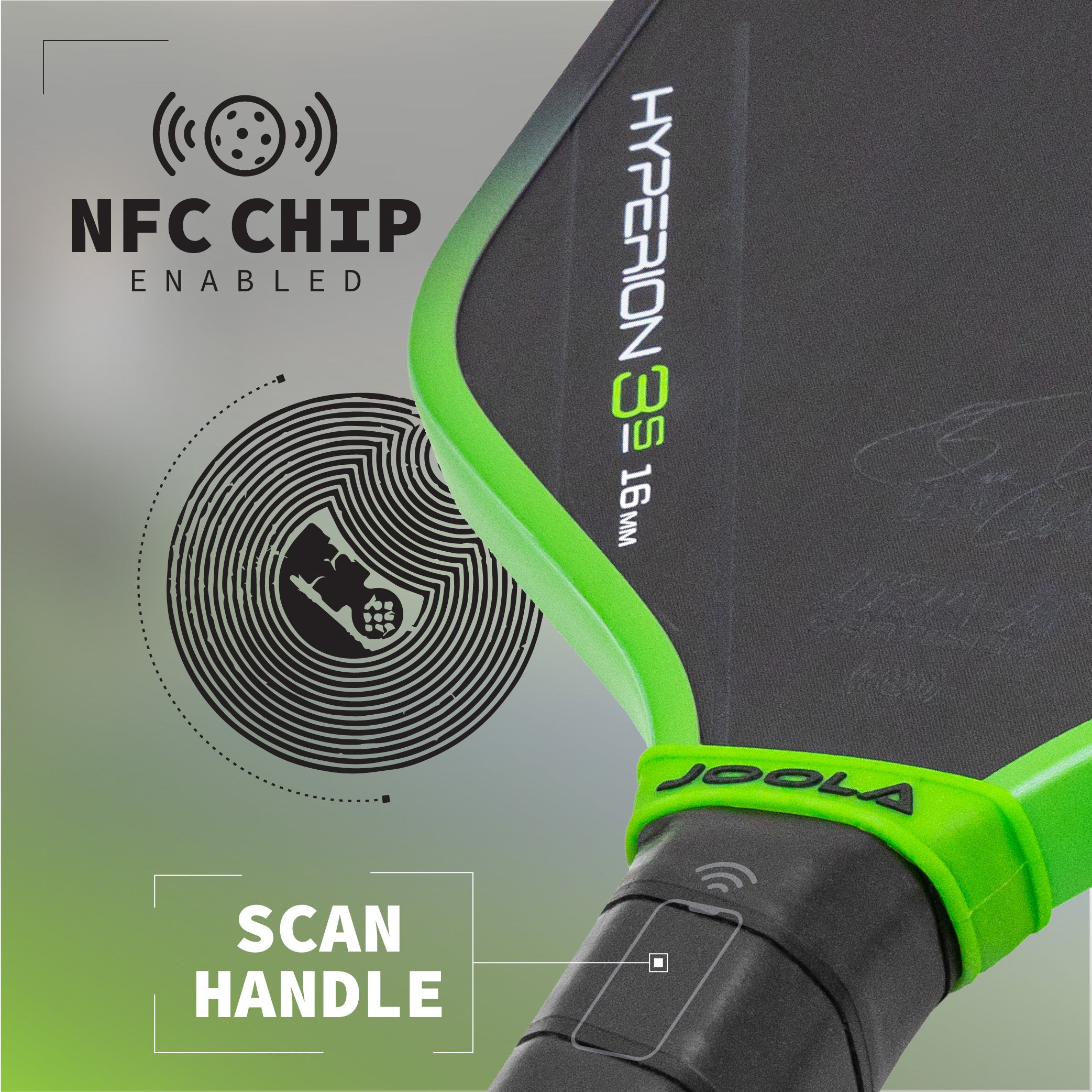 Infographic showing the NFC Chip-Enabled handle of the JOOLA 3S Hyperion 16mm pickleball paddle.