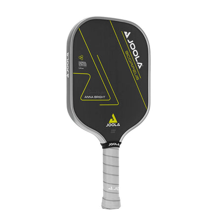 White Background Image: JOOLA Anna Bright Scorpeus CFS 14 with black paddle face, lemon accent font and JOOLA Trinity logo, gray edge guard, gray Feel-Tec Pure Grip