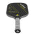 White Background Image: JOOLA Anna Bright Scorpeus CFS 14 with black paddle face, lemon accent font and JOOLA Trinity logo, gray edge guard, gray Feel-Tec Pure Grip