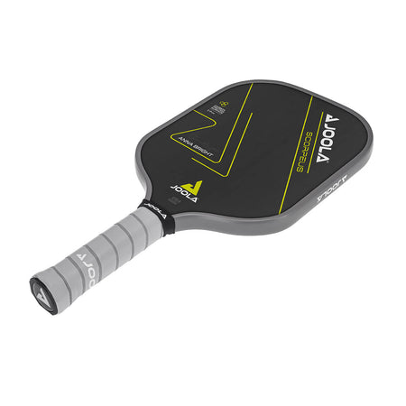 White Background Image: JOOLA Anna Bright Scorpeus CFS 14 with black paddle face, lemon accent font and JOOLA Trinity logo, gray edge guard, gray Feel-Tec Pure Grip