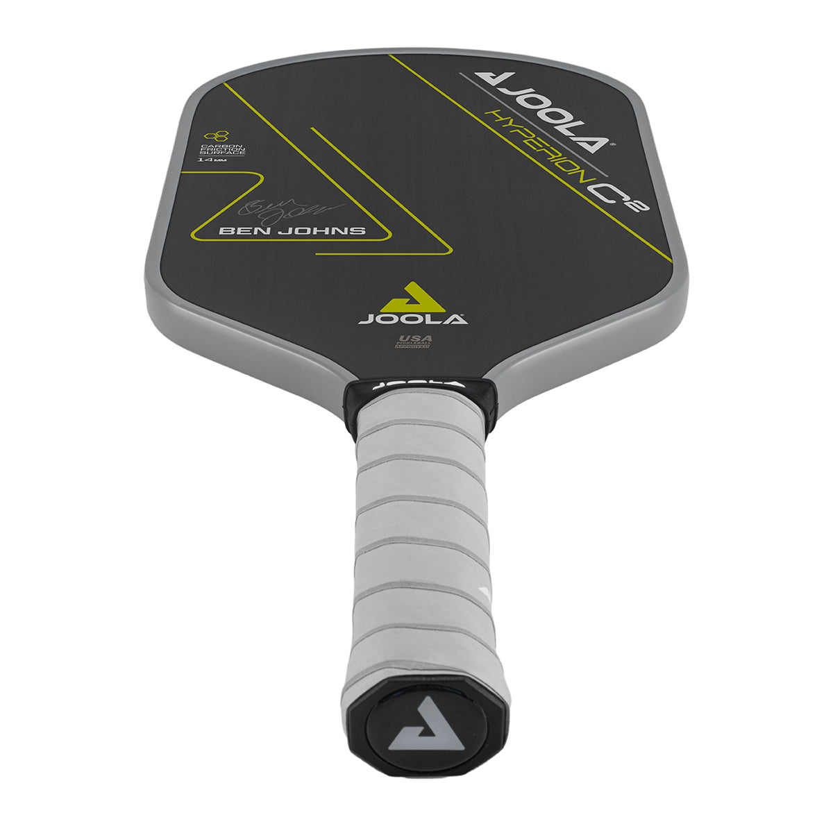 White Background Image: Ben Johns Hyperion C2 Pickleball paddle. Black surface with yellow lines and Ben Johns' signature. Grey handle and grey edge guard with white JOOLA logo.