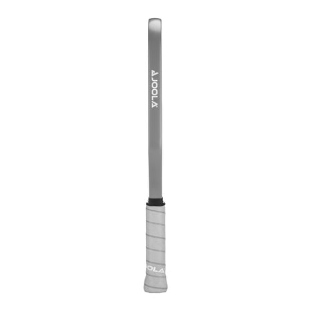 White Background Image: Side shot of the Ben Johns Hyperion C2 Pickleball paddle. Grey handle and gray edge guard with JOOLA logo in white.