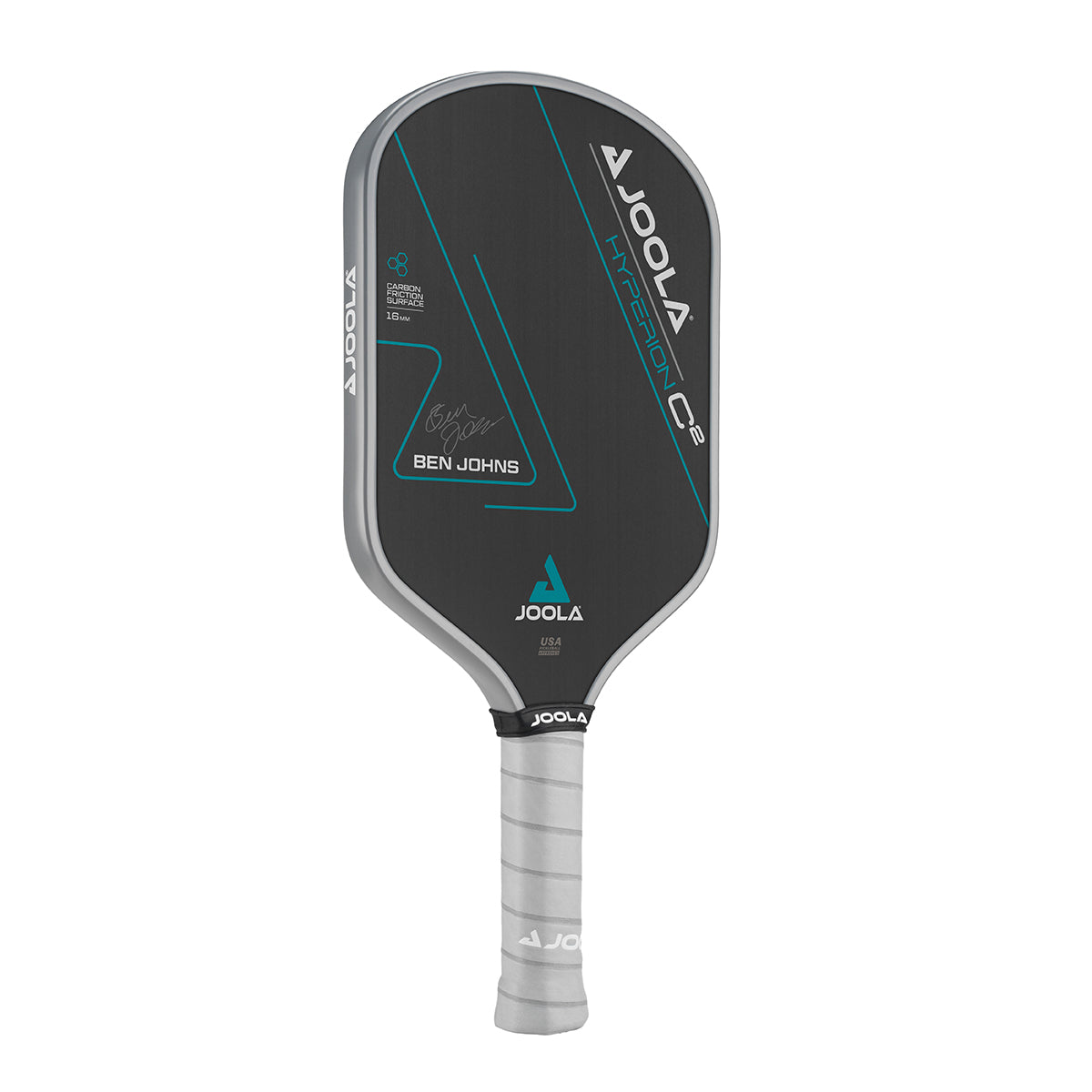 White Background Image: Ben Johns Hyperion C2 Pickleball paddle. Black surface with turquoise lines and Ben Johns' signature. Grey handle and grey edge guard with white JOOLA logo.