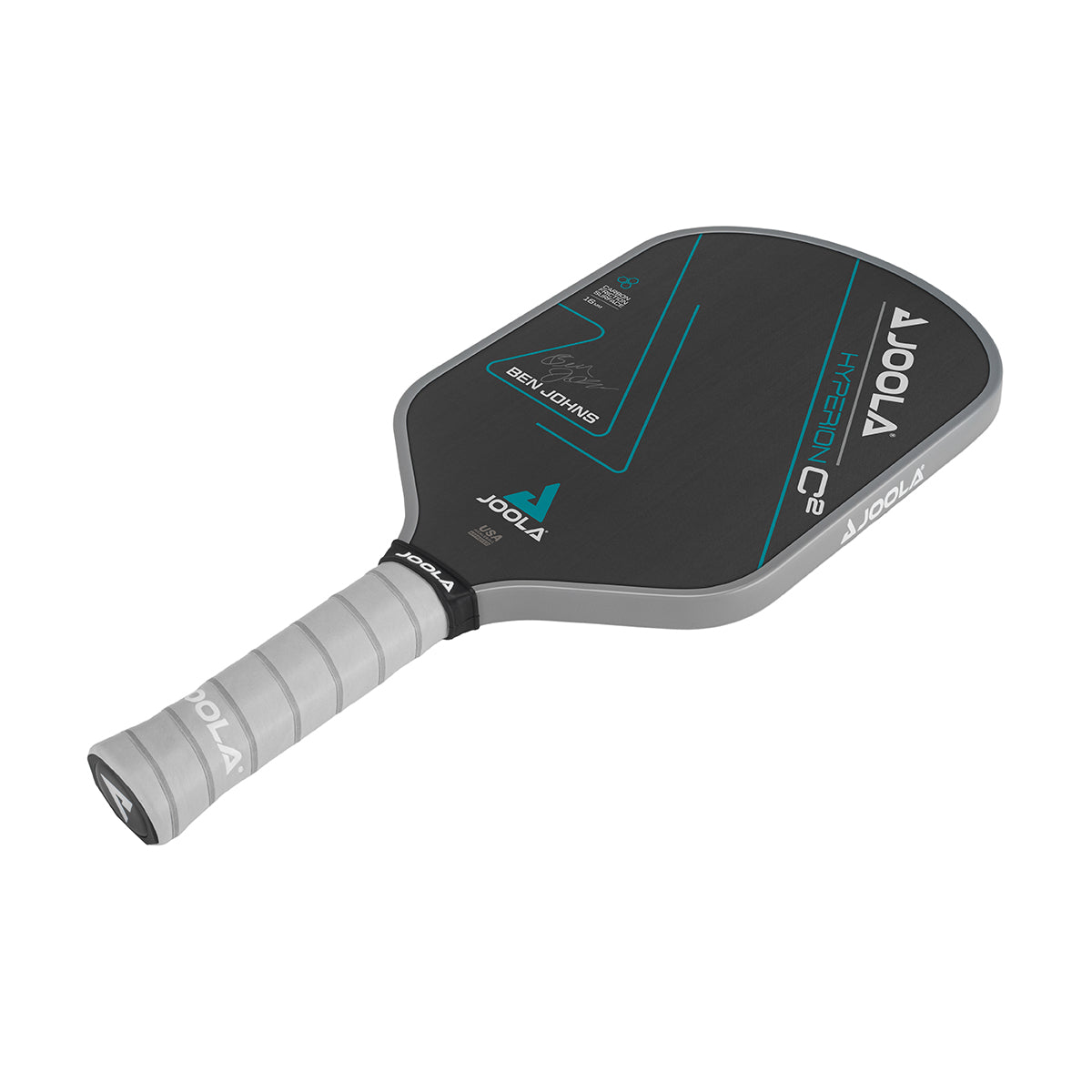 White Background Image: Ben Johns Hyperion C2 Pickleball paddle. Black surface with turquoise lines and Ben Johns' signature. Grey handle and grey edge guard with white JOOLA logo.