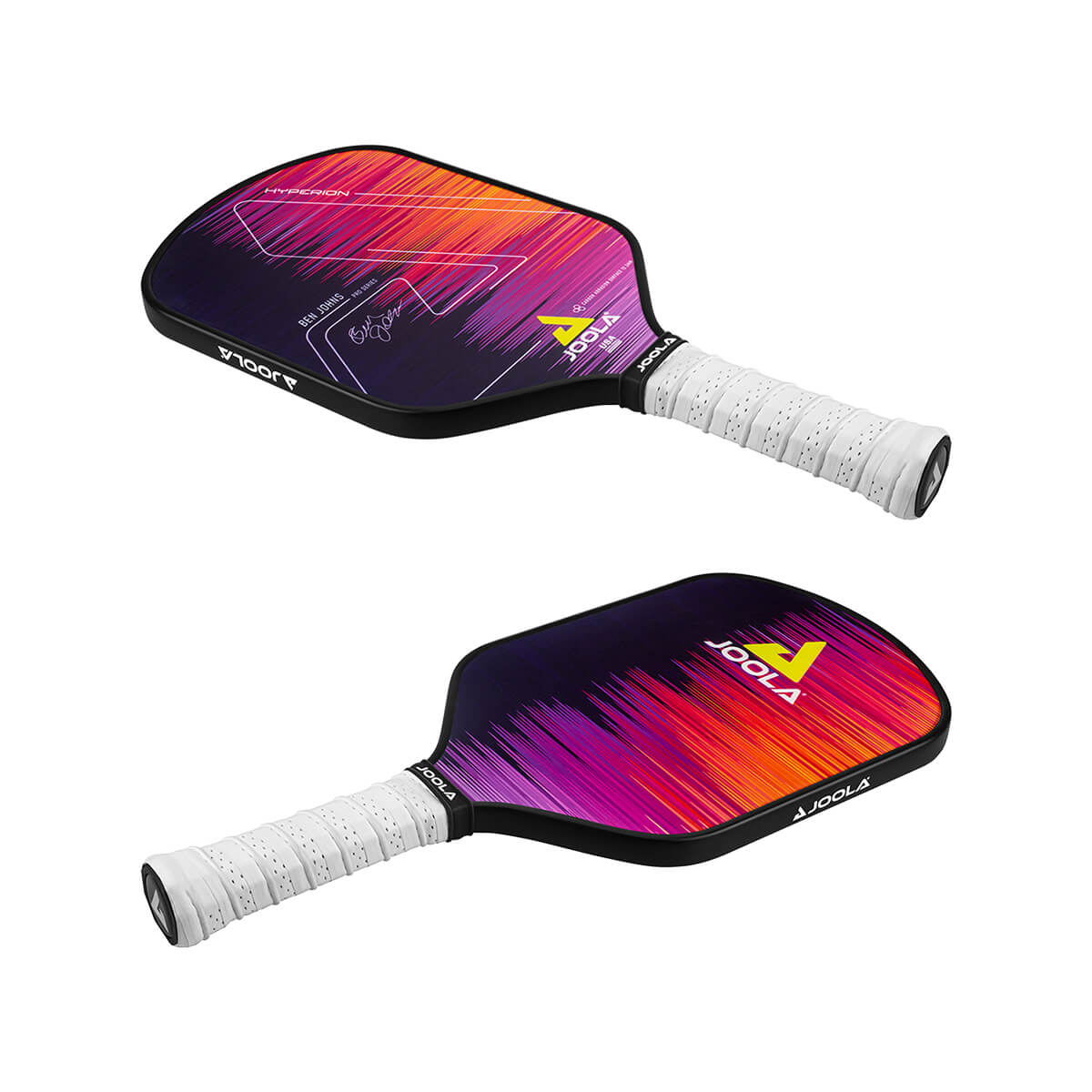 White Background Image: Two JOOLA Ben Johns' Hyperion CAS 13.5 mm pickleball paddles, pink. #pink