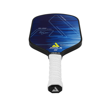 White Background Image: Straight on view of the Ben Johns Hyperion CAS 16 mm pickleball paddle, blue and black paddle face. #hyperion