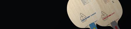 Black background horizontal banner image of two JOOLA Challenger table tennis blades.