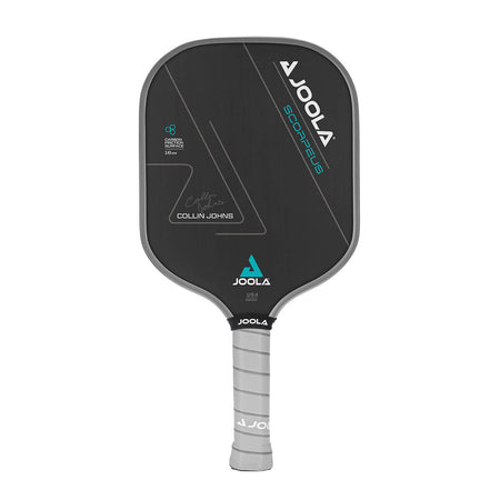 White Background Image: JOOLA Anna Bright Scorpeus CFS 16 with black paddle face, teal accent font and JOOLA Trinity logo, gray edge guard, gray Feel-Tec Pure Grip