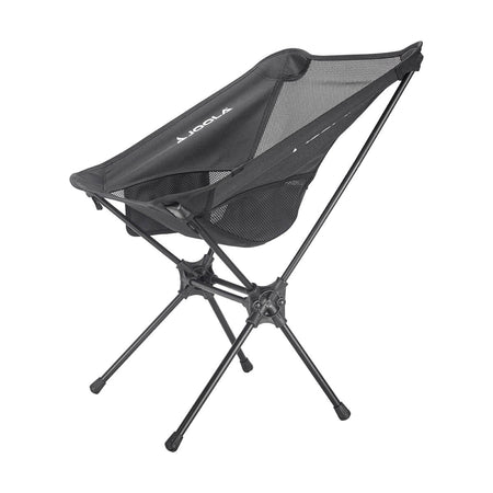 White Background Image: Black JOOLA Compact Portable Chair with mesh back panel, white JOOLA logo on inner left, foldable legs, and side mesh panneling.