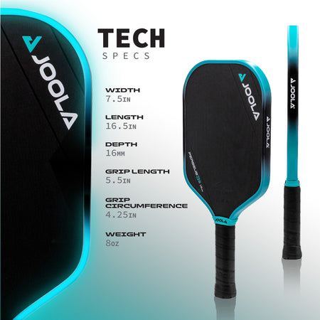 Infographic of the JOOLA 3S Ben Johns Perseus 16mm pickleball paddle spec techs.