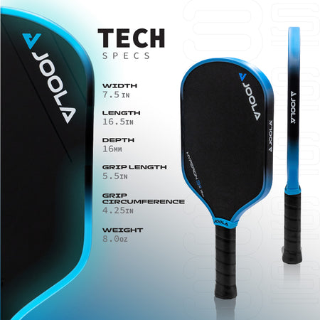 Infographic showing the tech specs for the JOOLA 16mm Hyperion pickleball paddle.