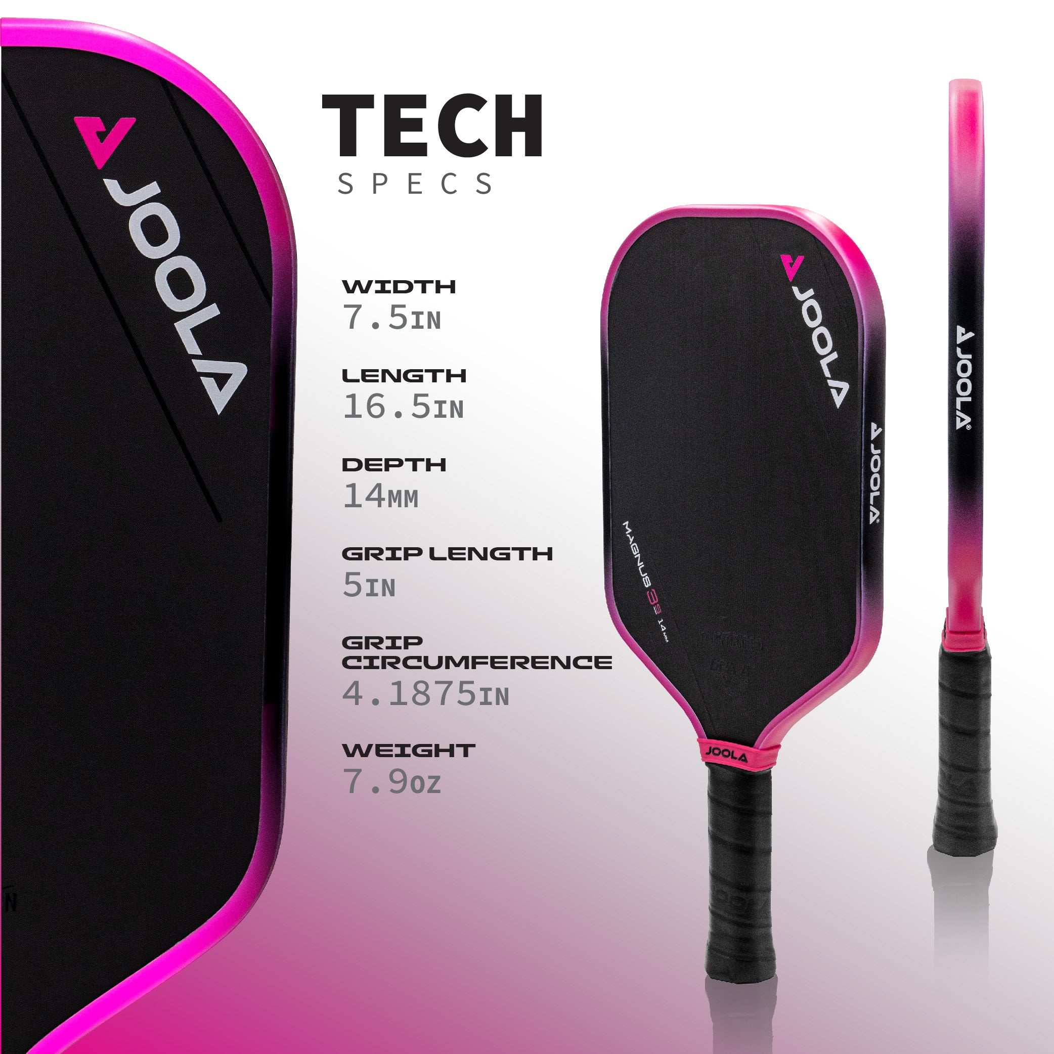 Infographic showing the tech specs for the JOOLA 3S Magnus 14mm pickleball paddle.