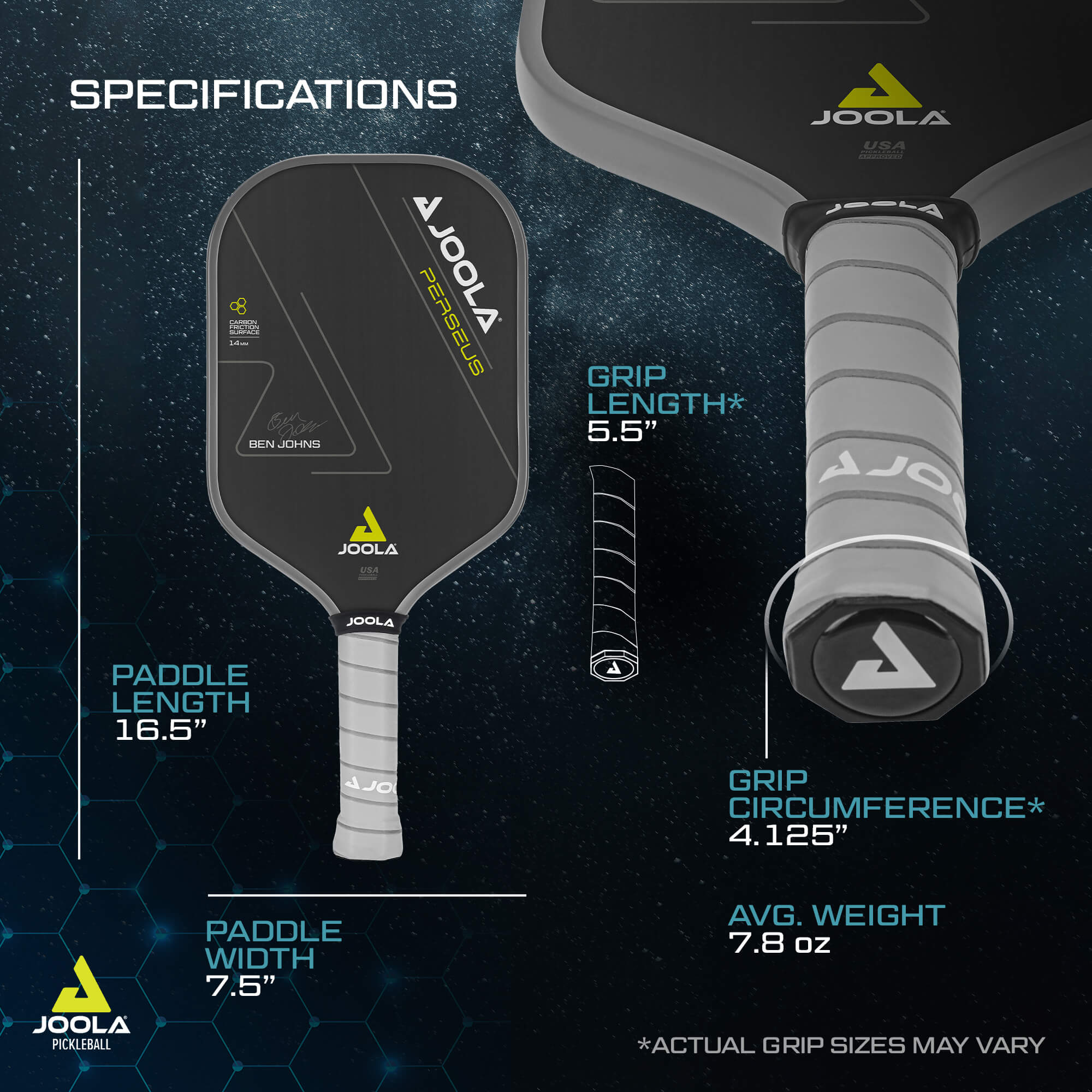 JOOLA Ben Johns Perseus Feel-Tec Pure Grip Infographic