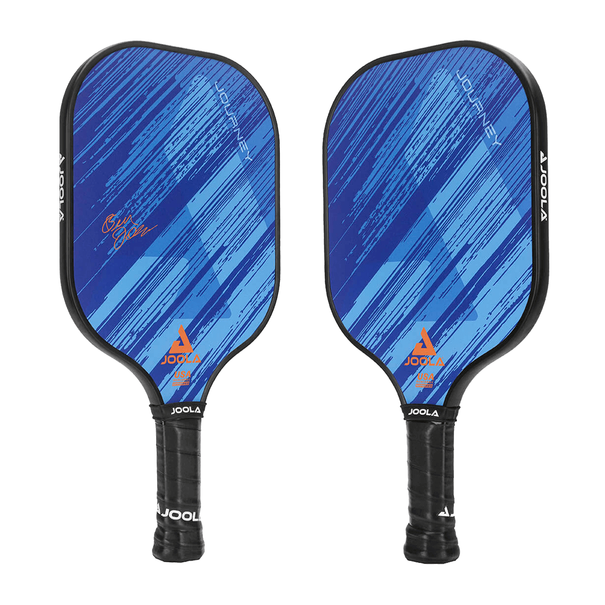 White Background Image: Front (Left) and Back (Right) sides of the JOOLA Journey Blue Pickleball Paddle. Design has ombre striped design with hues of blue, features the JOOLA Trinity logo and Ben Johns signature #Blue