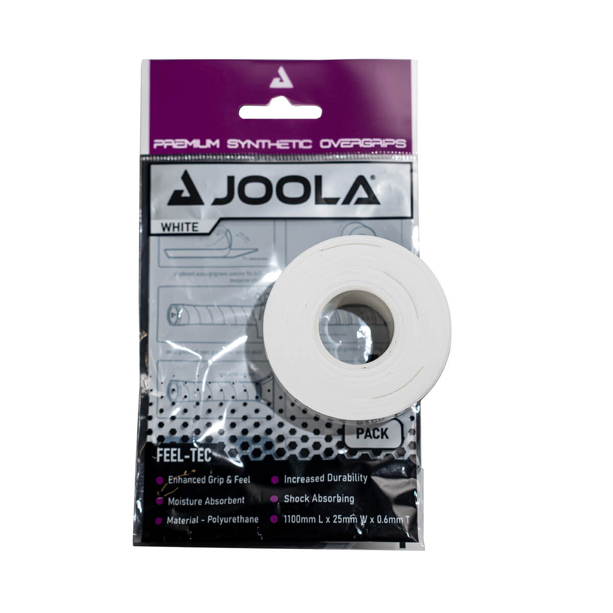 White Background Image: White JOOLA Premium Overgrip on top of its poly bag