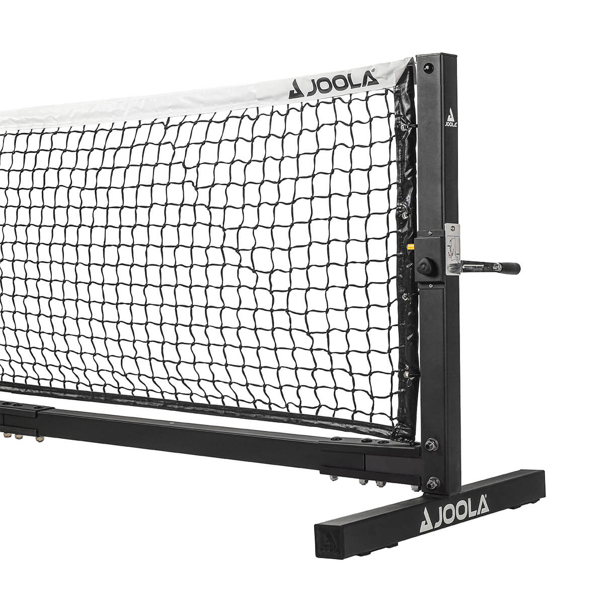 White Background Image: Closeup shot of the right half of the JOOLA Pro Pickleball Net. Net has stationary legs and the net features a side hand crank with steel cable stabilizing system.