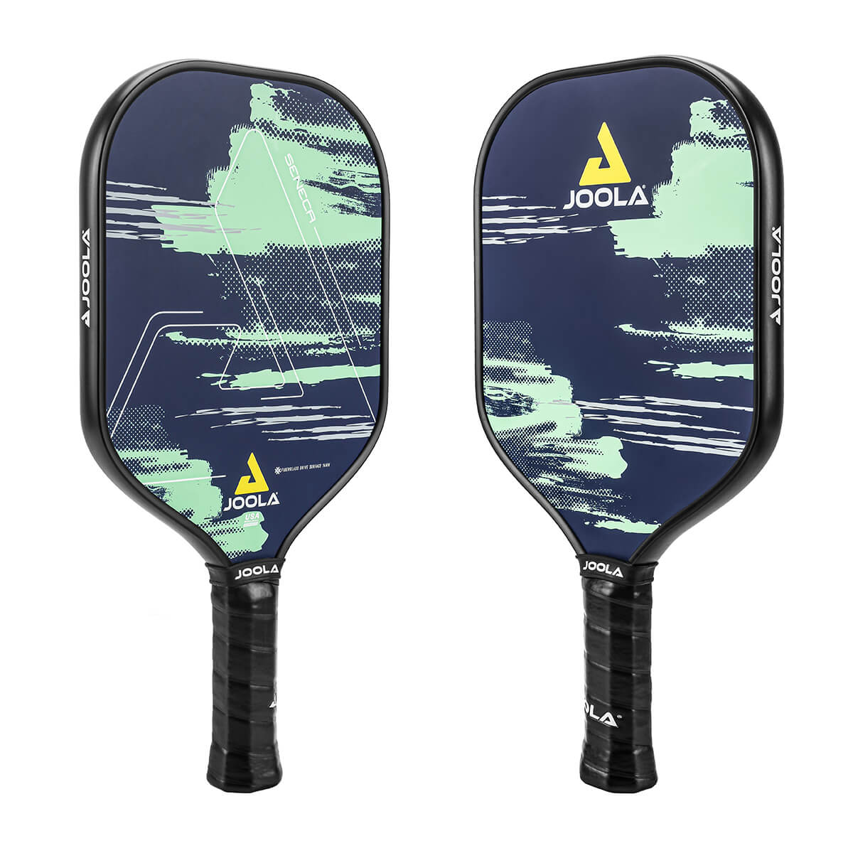 Product photo showing the font and back sides of the JOOLA Seneca FDS 14 Pickleball Paddle at an angle