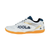 White background Image: Product image of the JOOLA Court Junior Table Tennis shoe, white with blue accents, gum sole.