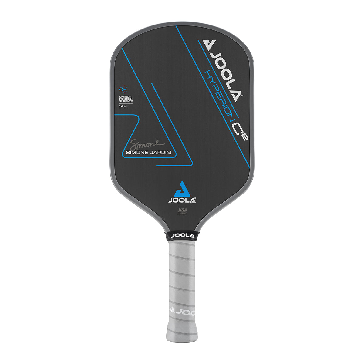 White Background Image: Simone Jardim Hyperion C2 Pickleball paddle. Black surface with blue lines and Simone Jardim's signature. Grey handle and grey edge guard with white JOOLA logo.