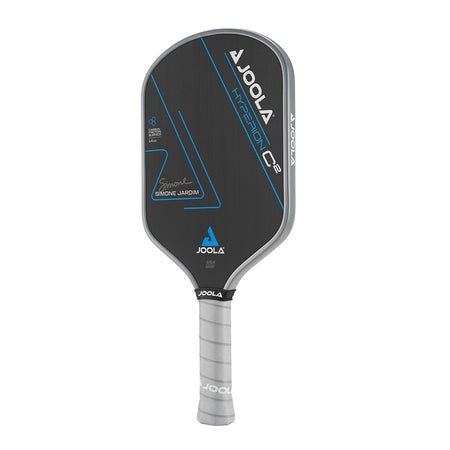 White Background Image: Simone Jardim Hyperion C2 Pickleball paddle. Black surface with blue lines and Simone Jardim's signature. Grey handle and grey edge guard with white JOOLA logo.