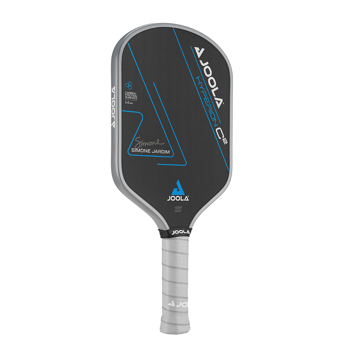 White Background Image: Simone Jardim Hyperion C2 Pickleball paddle. Black surface with blue lines and Simone Jardim's signature. Grey handle and grey edge guard with white JOOLA logo.