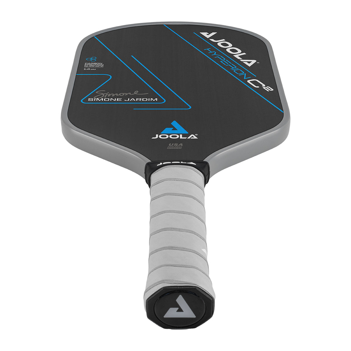 White Background Image: Simone Jardim Hyperion C2 Pickleball paddle. Black surface with blue lines and Simone Jardim's signature. Grey handle and grey edge guard with white JOOLA logo.