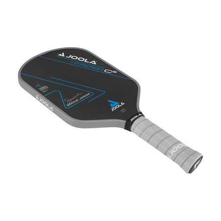 White Background Image: Simone Jardim Hyperion C2 Pickleball paddle. Black surface with blue lines and Simone Jardim's signature. Grey handle and grey edge guard with white JOOLA logo.