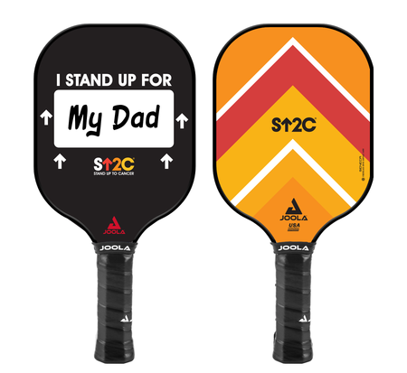 White Background Image: Front and back side of the Stand up to cancer pickleball paddle, customized with my dad written on paddle face.