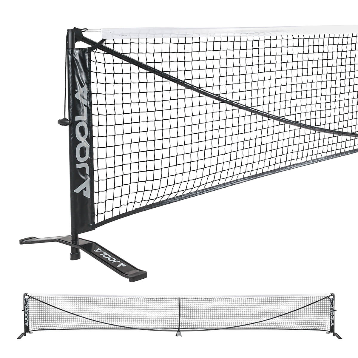 White Background Image: The JOOLA symmetry pickleball net, wide shot showing the full net, close up view of the feet on the left side of the net.