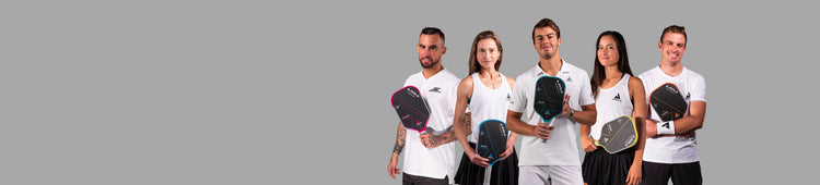 Large horizontal banner image image showing JOOLA Pickleball pros Tyson McGuffin, Anna Bright, Ben Johns, Simone Jardim and Collin Johns each holding their Gen 3 signature paddle.